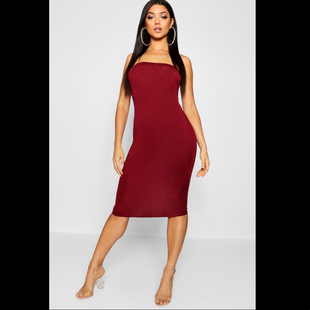 Boohoo bandeau burgundy strapless midi bodycon dress size 8 NWT